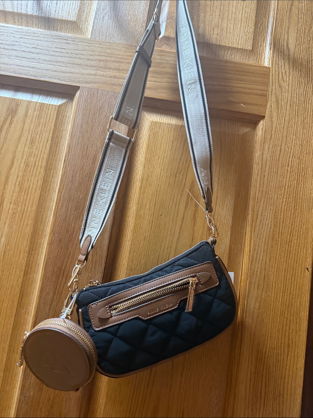 Anne Klein Black Quilted Crossbody with Tan Accents and Coin Pouch